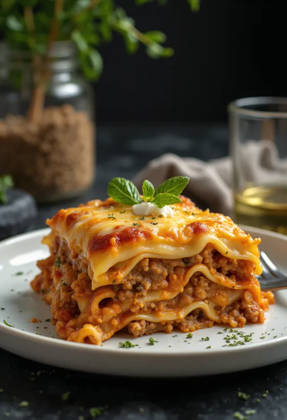 Italienische Lasagne geschichtet mit saftigem Tomaten-Hackfleisch und cremiger Béchamelsauce
