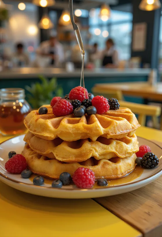 Große belgische Waffel mit Beeren und Sirup