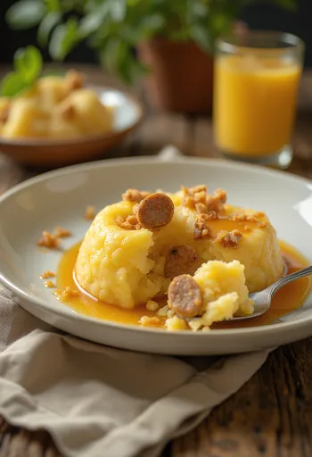 Pamonha com linguiça, Maispäckchen mit gebratener Wurstfüllung, serviert im Bananenblatt