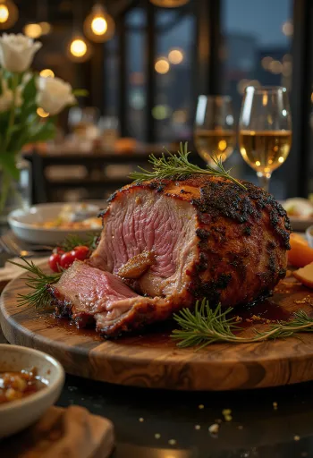 Wildschweinbraten mit Honigglasur serviert mit Röstgemüse.
