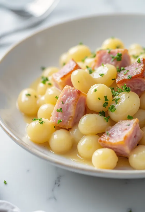 Servierte Gnocchi in Schinken-Sahne-Sauce