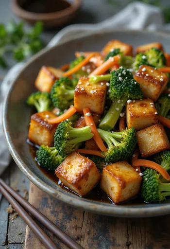 Gebratener Tofu mit Brokkoli-Salat serviert