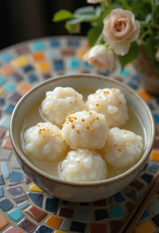 Sesam-Tangyuan, chinesische Süßspeise mit Reismehlklößchen und Sesam