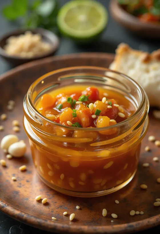 Sesam-Chili-Limetten-Sauce serviert