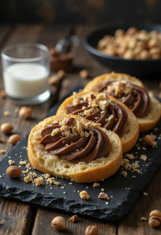 Turrón-Stücke mit Nutella und Haselnüssen dekoriert
