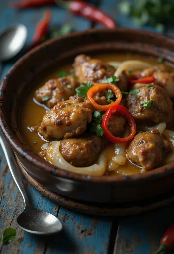Adobo in Kokosmilch, reichhaltiges, würziges Gericht, serviert mit Reis und Koriander