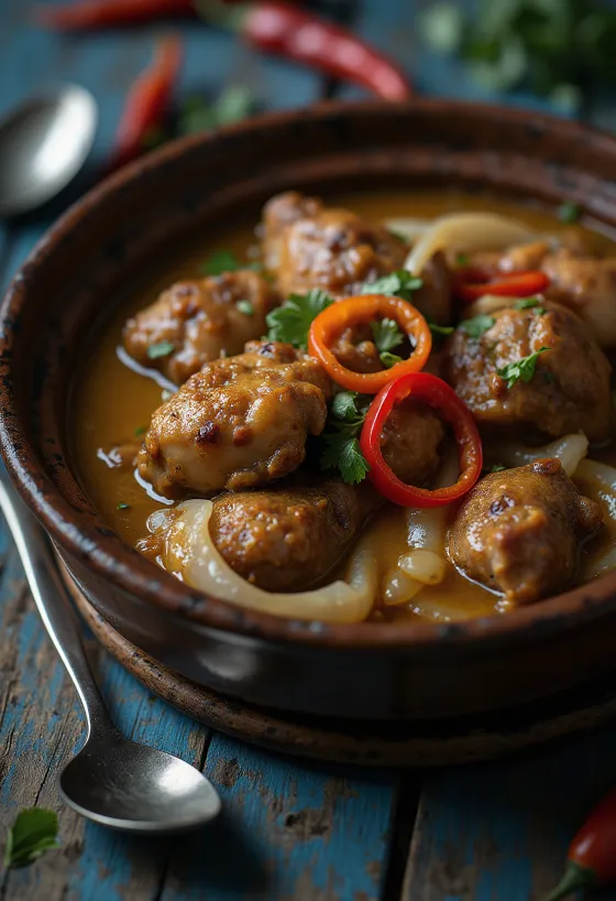 Adobo in Kokosmilch, reichhaltiges, würziges Gericht, serviert mit Reis und Koriander