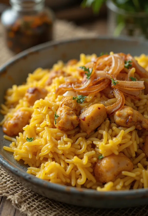 Biryani serviert mit Koriander und Safran