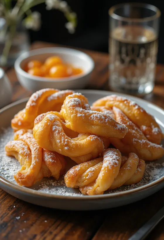 Ungarisches Schmalzgebäck mit Puderzucker und Marmelade