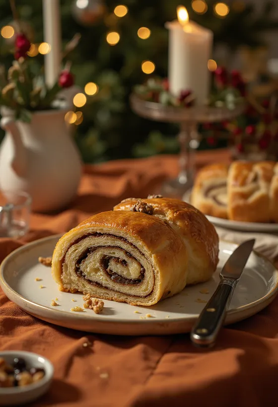 Frisch gebackene Scheiben der Nussrolle.