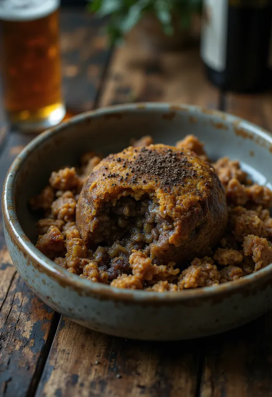 Haggis mit Wildfleisch, serviert mit Kartoffelpüree und gedünstetem Gemüse