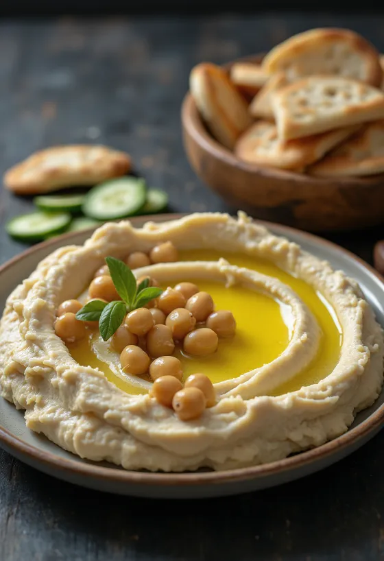 Meze mit Hummus serviert mit frischem Gemüse und geröstetem Pitabrot