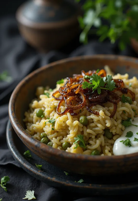Mujaddara mit grünen Linsen, serviert mit gerösteten Zwiebeln und frischem Koriander.