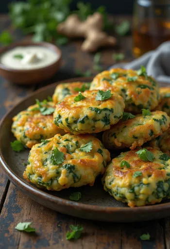 Spinat-Pakoras, goldbraune und knusprige Häppchen serviert