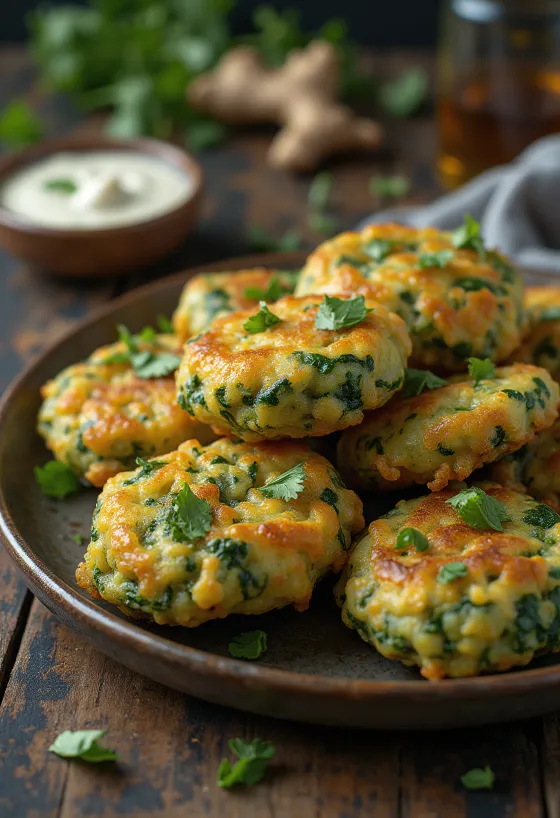 Spinat-Pakoras, goldbraune und knusprige Häppchen serviert