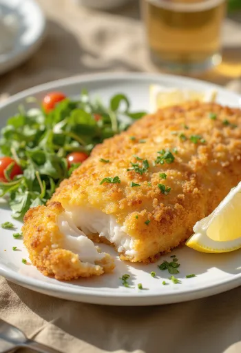 Knuspriges paniertes Fischfilet goldbraun gebacken, serviert mit frischen Zitronenscheiben und Gemüse.