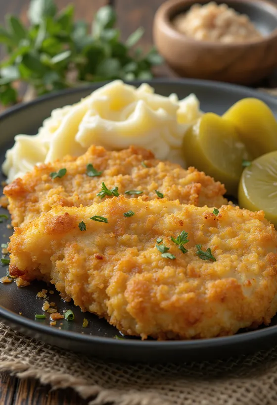 Paniertes Schweinekotelett mit Kartoffelpüree und Essiggurken serviert