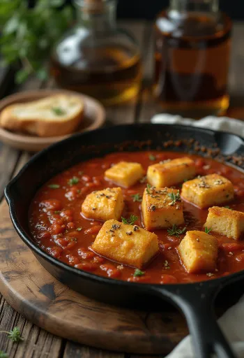 Gebratener Tofu in pikanter Tomatensauce serviert