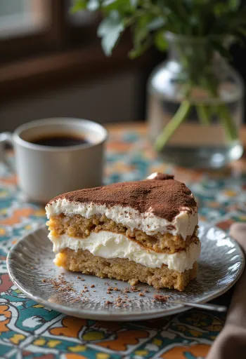 Cremige Tiramisu-Torte mit geschichteten Kaffee-Biskuits und Mascarponecreme, mit Kakaopulver bestreut.
