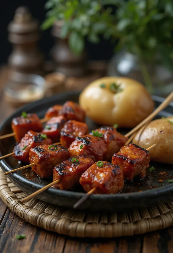 Anticuchos Spieße mit gegrilltem Gemüse serviert