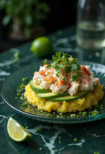 Causa de Cangrejo, serviert mit cremigen Kartoffeln und Krebsfleisch, garniert mit frischem Koriander