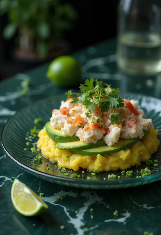 Causa de Cangrejo, serviert mit cremigen Kartoffeln und Krebsfleisch, garniert mit frischem Koriander