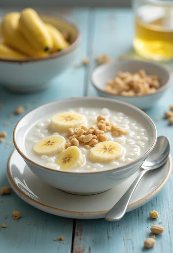 Chè mit Banane, vietnamesisches Kokosdessert mit Tapioka und Bananenscheiben