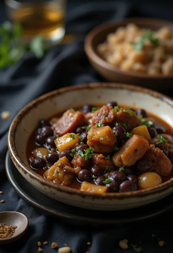 Feijoada mit geräucherten Bohnen, reichhaltigem Fleisch und frischem Gemüse