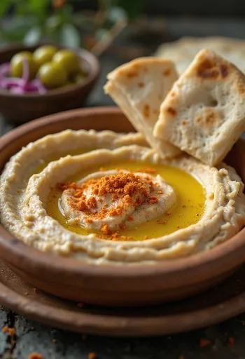 Hummus mit seidiger Konsistenz, mit Olivenöl beträufelt und mit Pita serviert