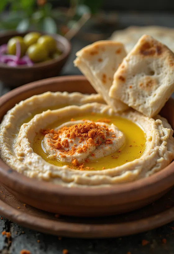 Hummus mit seidiger Konsistenz, mit Olivenöl beträufelt und mit Pita serviert