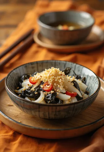 Kombu-Salat mit Daikon, serviert mit frischem Koriander und Sesam