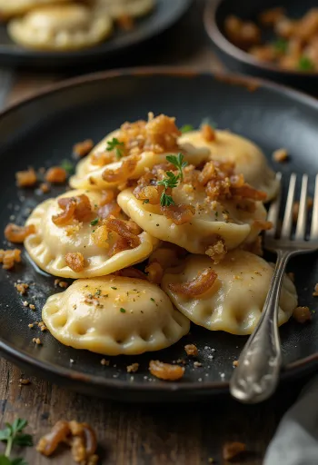 Polnische Pilz-Pierogi mit Schmand serviert