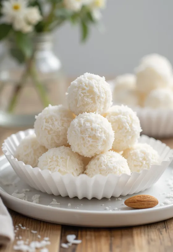Hausgemachte Kokosbällchen in Raspeln gewälzt