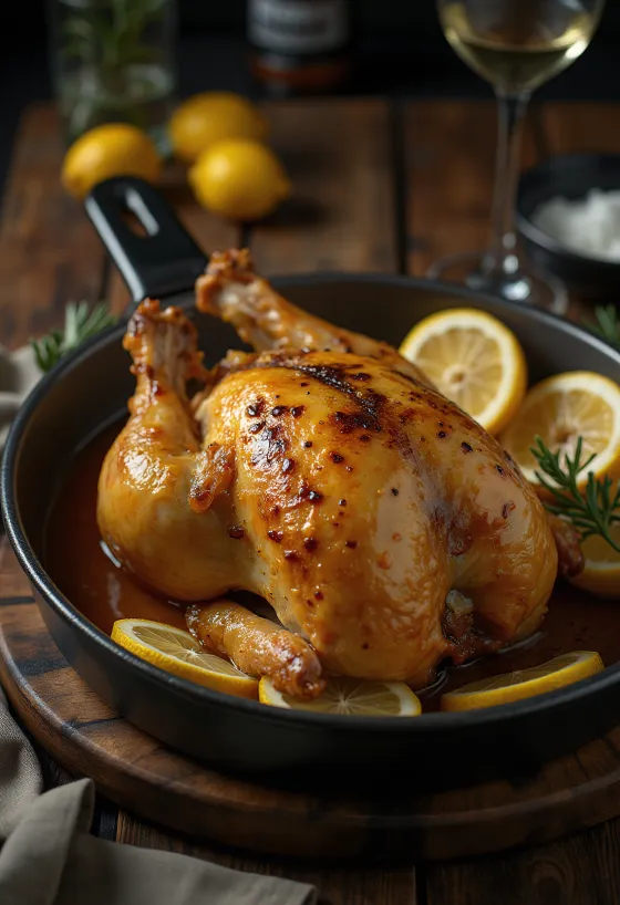 Gebratenes Perlhuhn mit Zitronenglasur, serviert mit Gemüse.