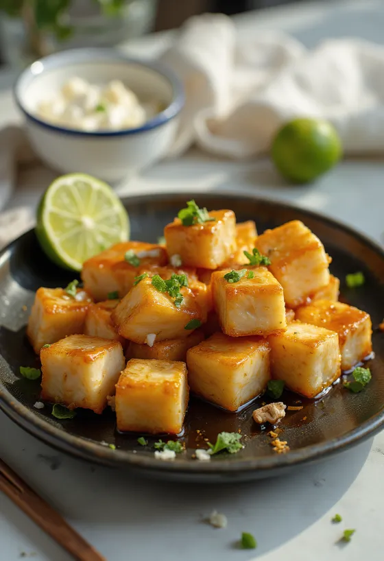Gebratener Tofu in Limetten-Marinade serviert
