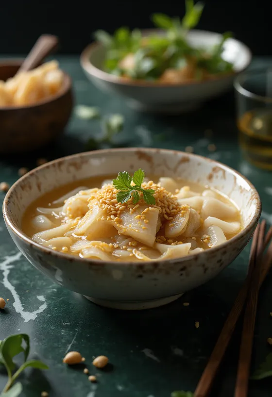 Sujebi Suppe mit getrocknetem Fisch, handgezupften Nudeln und Lauch