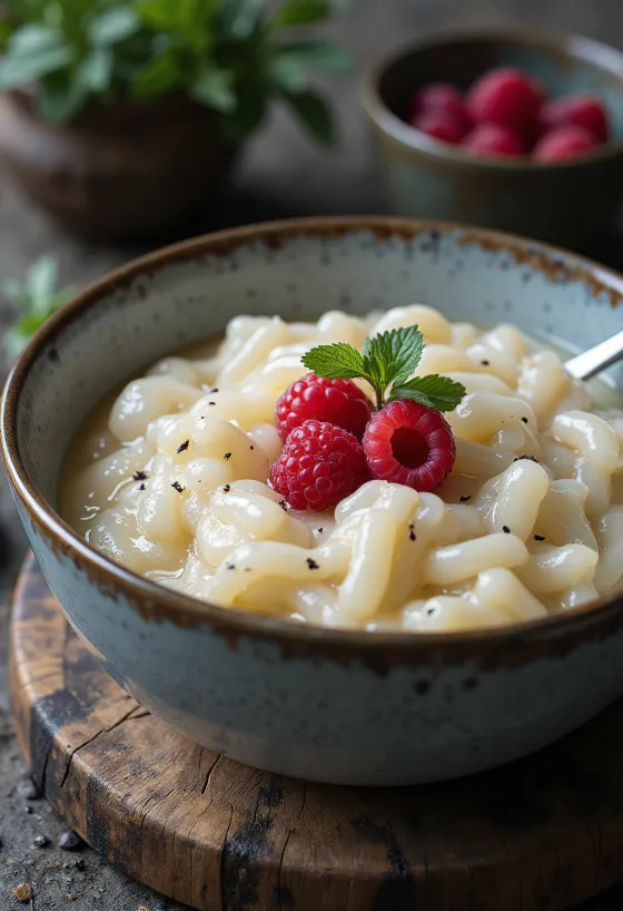 Vanille-Congee serviert mit frischen Früchten