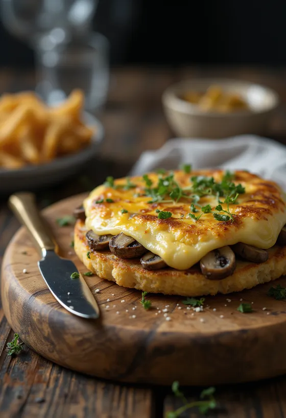 Servierter Welsh Rarebit mit Pilzen, in Käsesauce auf Röstbrot, mit frischen Pilzstücken