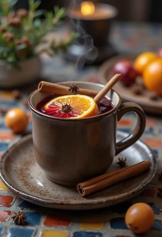 Glühwein mit Orangenscheibe und Zimtstange