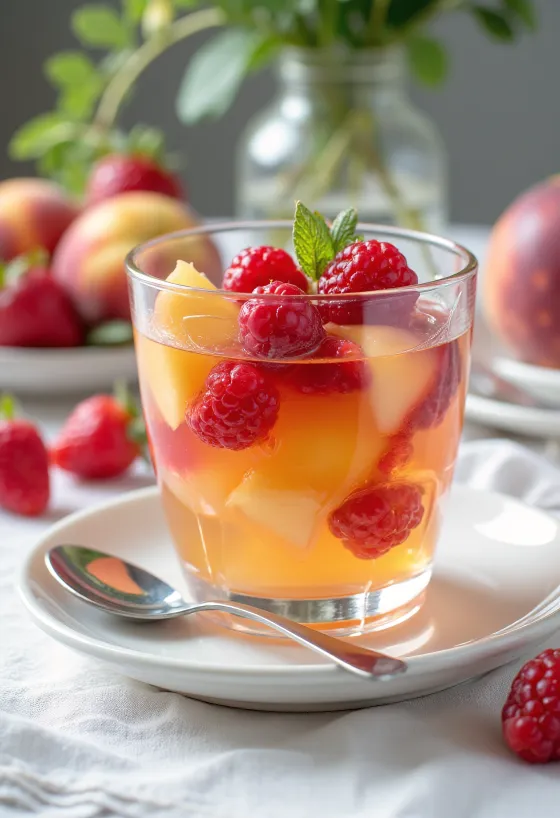Buntes Fruchtgelee mit frischen Obststücken geschichtet, im Glas serviert