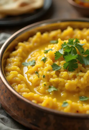 Khichdi mit Moong Dal Linsen, garniert mit frischem Koriander