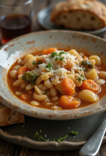 Minestrone alla Milanese serviert mit frischem Gemüse, Nudeln und Parmesan