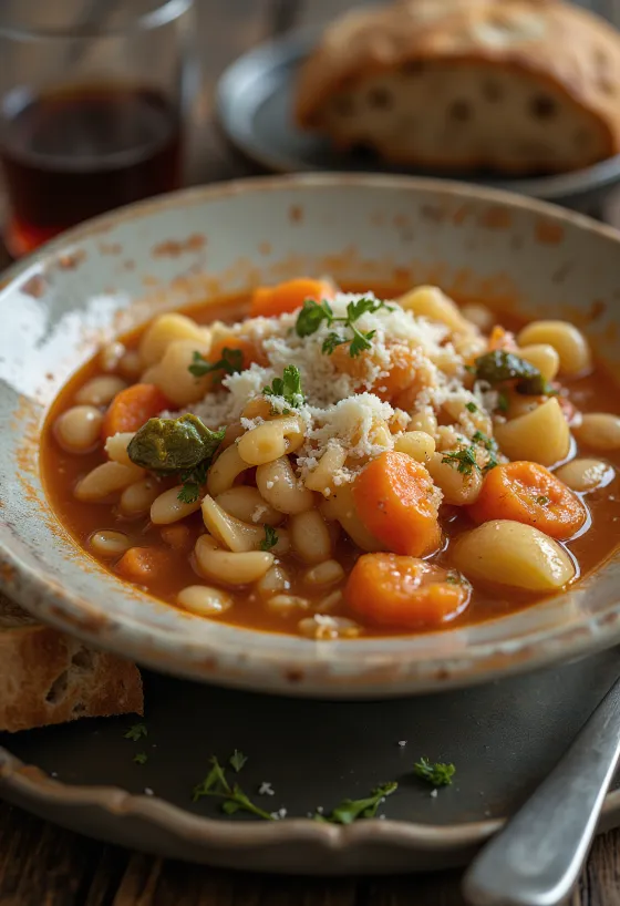 Minestrone alla Milanese serviert mit frischem Gemüse, Nudeln und Parmesan