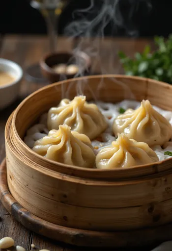 Gedämpfte Momos mit Knoblauchfüllung, servierfertig