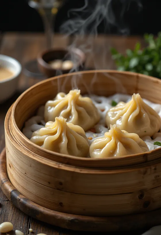 Gedämpfte Momos mit Knoblauchfüllung, servierfertig