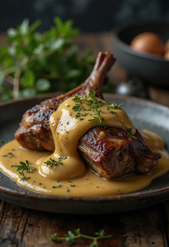 Hasenbraten mit Senfsauce elegant serviert.