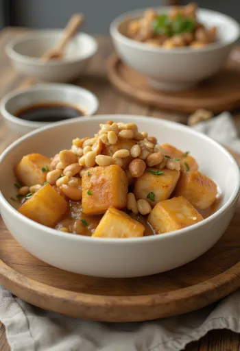 Gebratener Tofu in Erdnuss-Marinade serviert