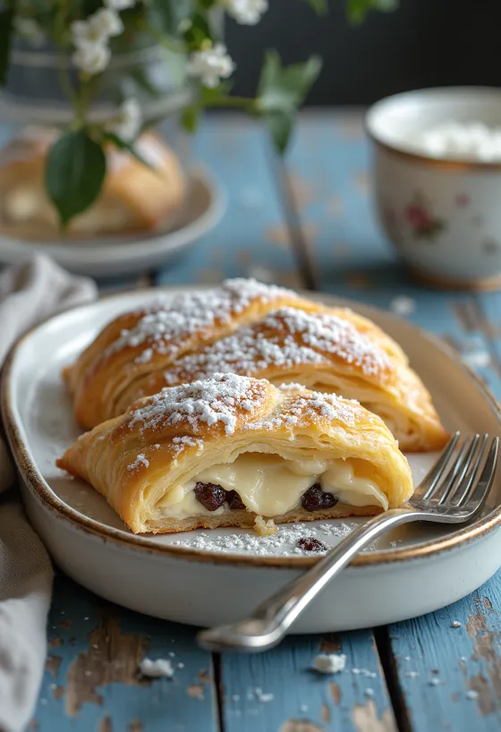 Goldbraun gebackener Quarkstrudel, mit Puderzucker bestreut