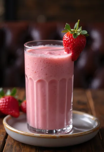 Erdbeer-Smoothie im hohen Glas mit frischer Erdbeere
