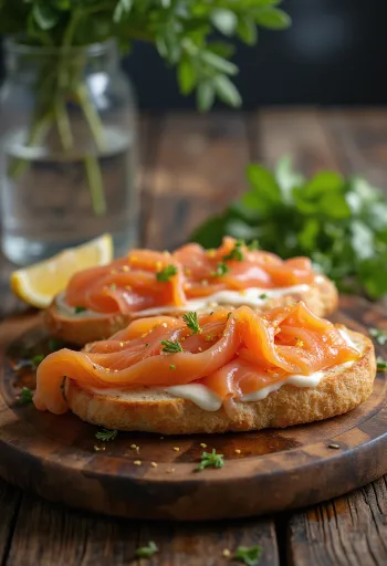 Focaccia mit Räucherlachs und Dill auf einem Teller